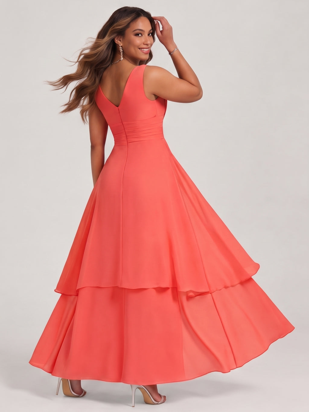 Coquette Coral Chiffon A-Line V-Neck V-Back with Beaded Details Ankle-Length Bridesmaid Dress