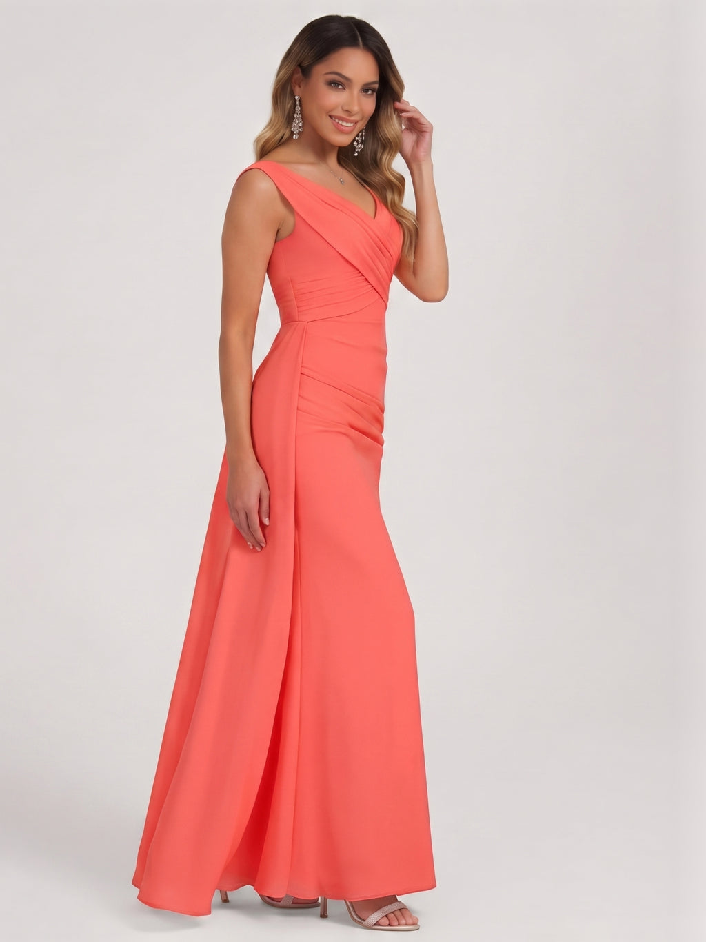 Coquette Coral Chiffon A-Line V-Neck V-Back with Beaded Details Ankle-Length Bridesmaid Dress