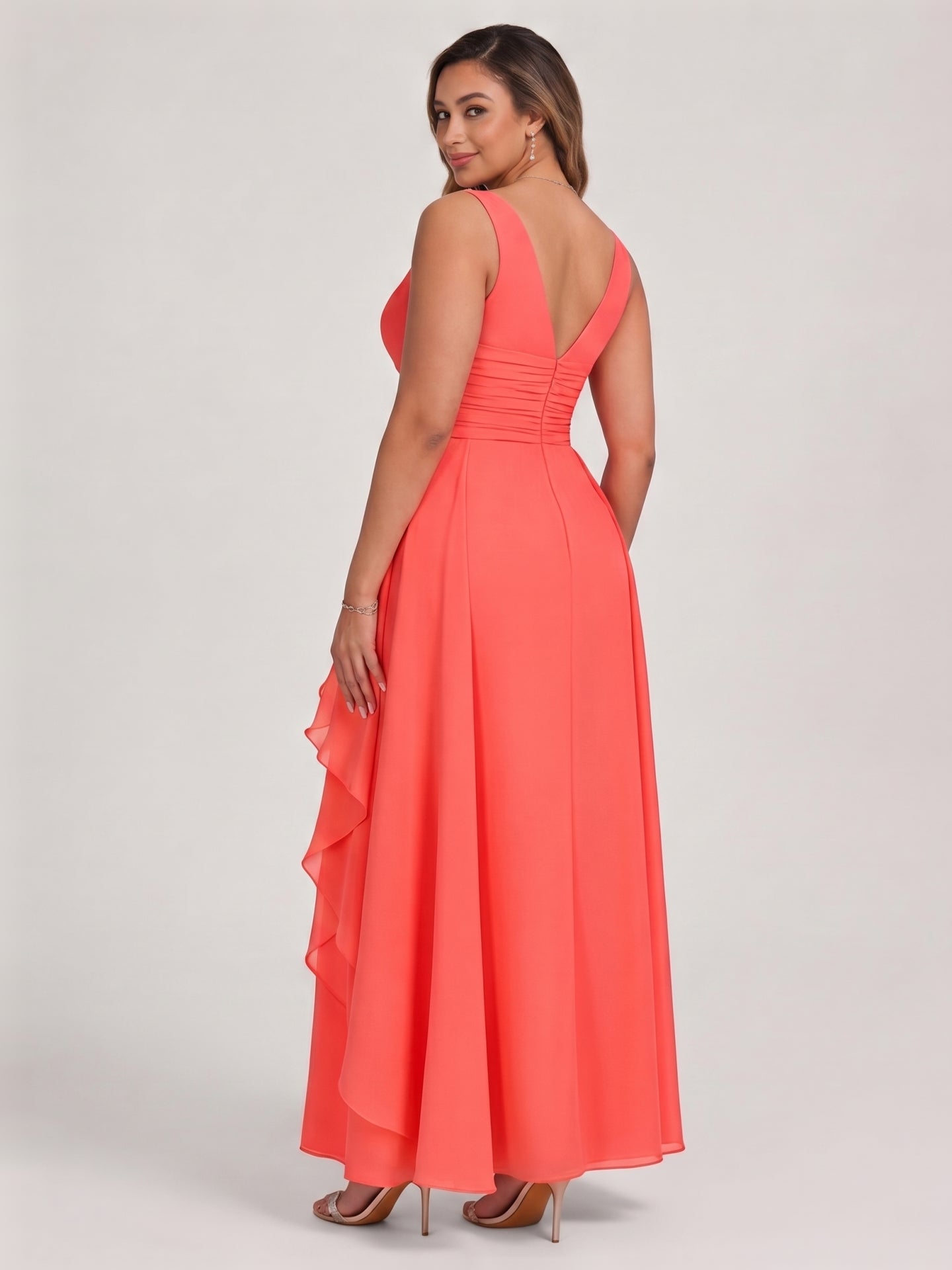 Coquette Coral Chiffon A-Line Bridesmaid Dress | BUQIQI BuQiQi Dress Coquette Coral Chiffon A-Line Bridesmaid Dress | BUQIQI BuQiQi Dress