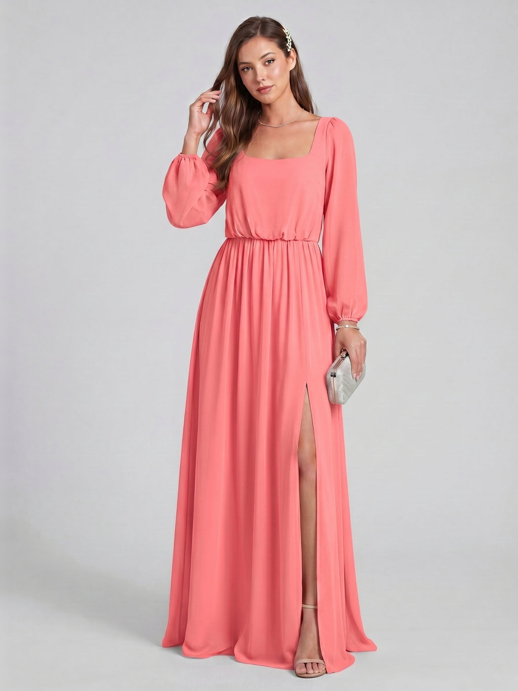 Elegant Coral Chiffon A-Line Square Neck Backless Ankle-Length Bridesmaid Dress