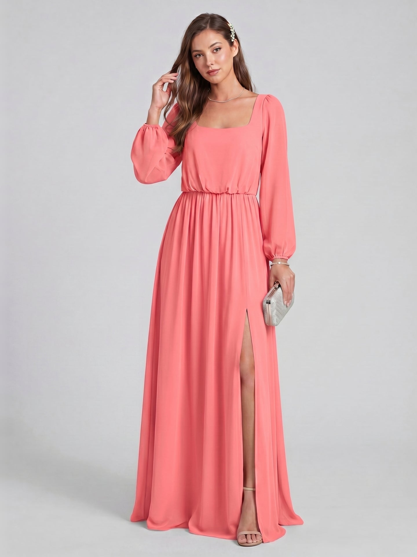 Elegant Coral Chiffon A-Line Square Neck Backless Ankle-Length Bridesmaid Dress