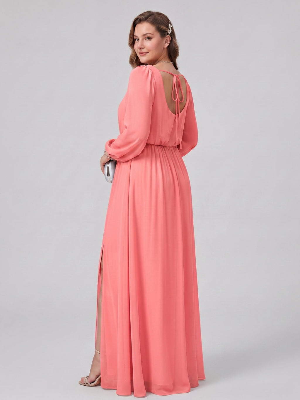 Elegant Coral Chiffon A-Line Square Neck Backless Ankle-Length Bridesmaid Dress