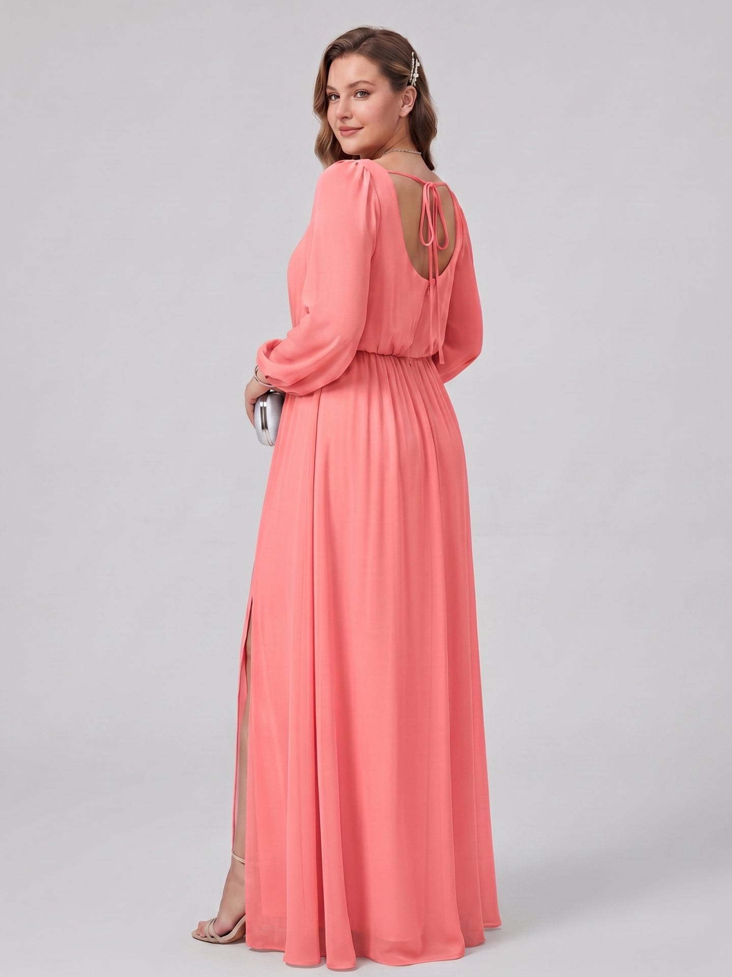 Elegant Coral Chiffon A-Line Square Neck Backless Ankle-Length Bridesmaid Dress