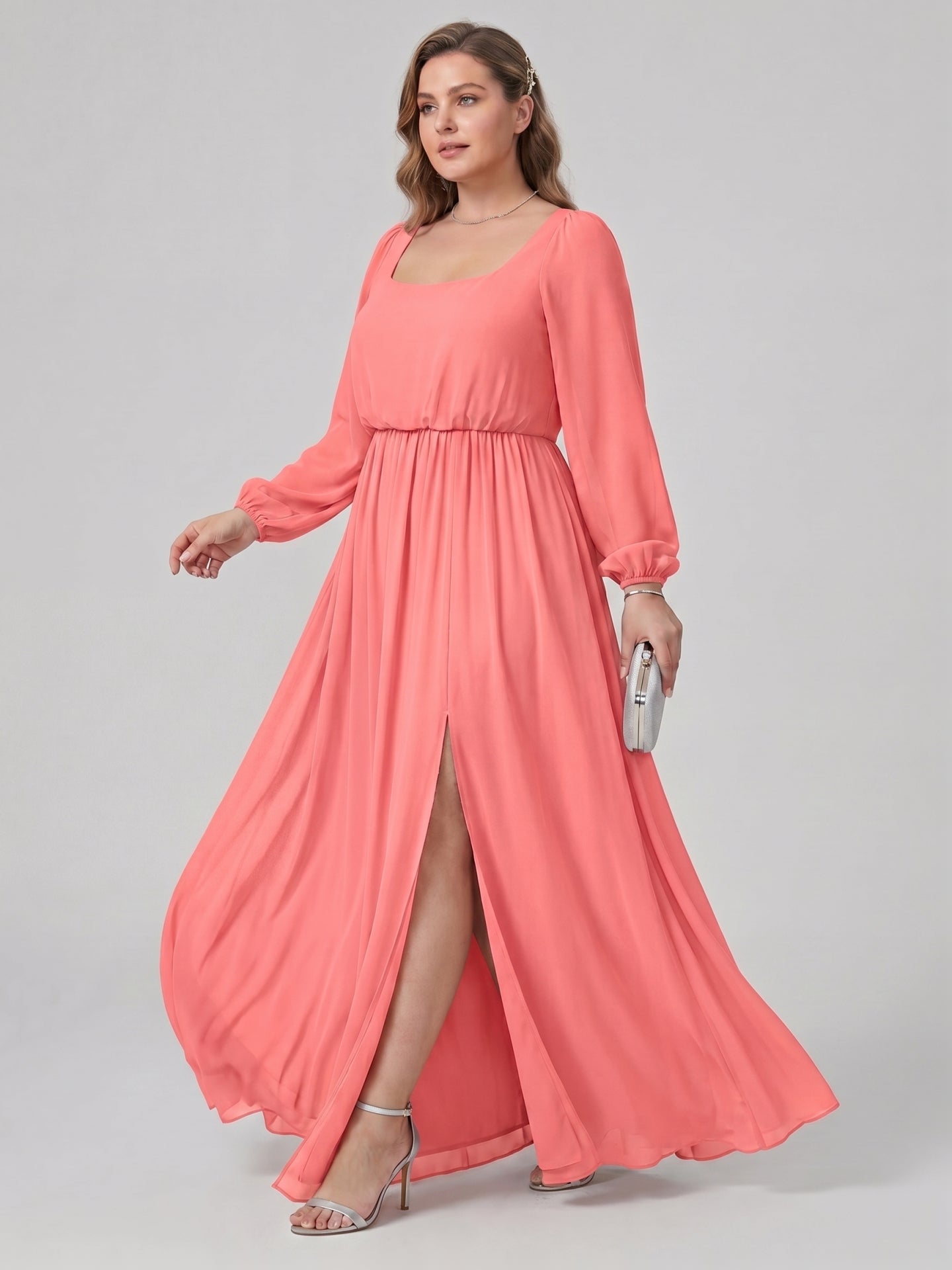 Elegant Coral Chiffon A-Line Square Neck Backless Ankle-Length Bridesmaid Dress