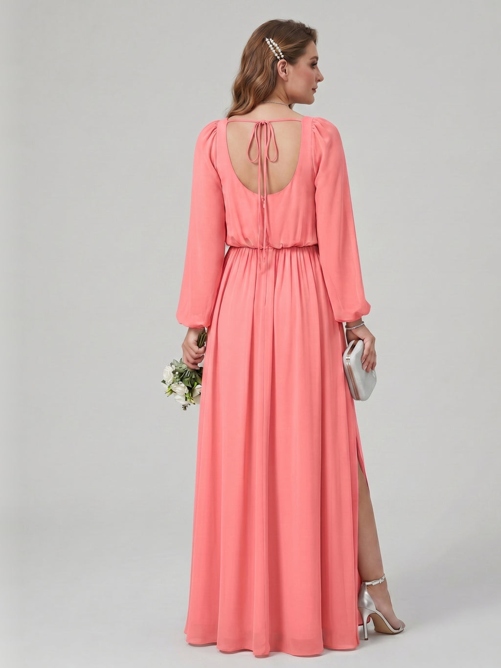 Elegant Coral Chiffon A-Line Square Neck Backless Ankle-Length Bridesmaid Dress