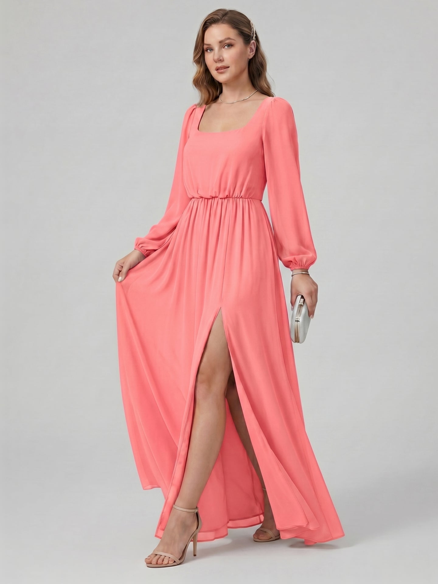 Elegant Coral Chiffon A-Line Square Neck Backless Ankle-Length Bridesmaid Dress