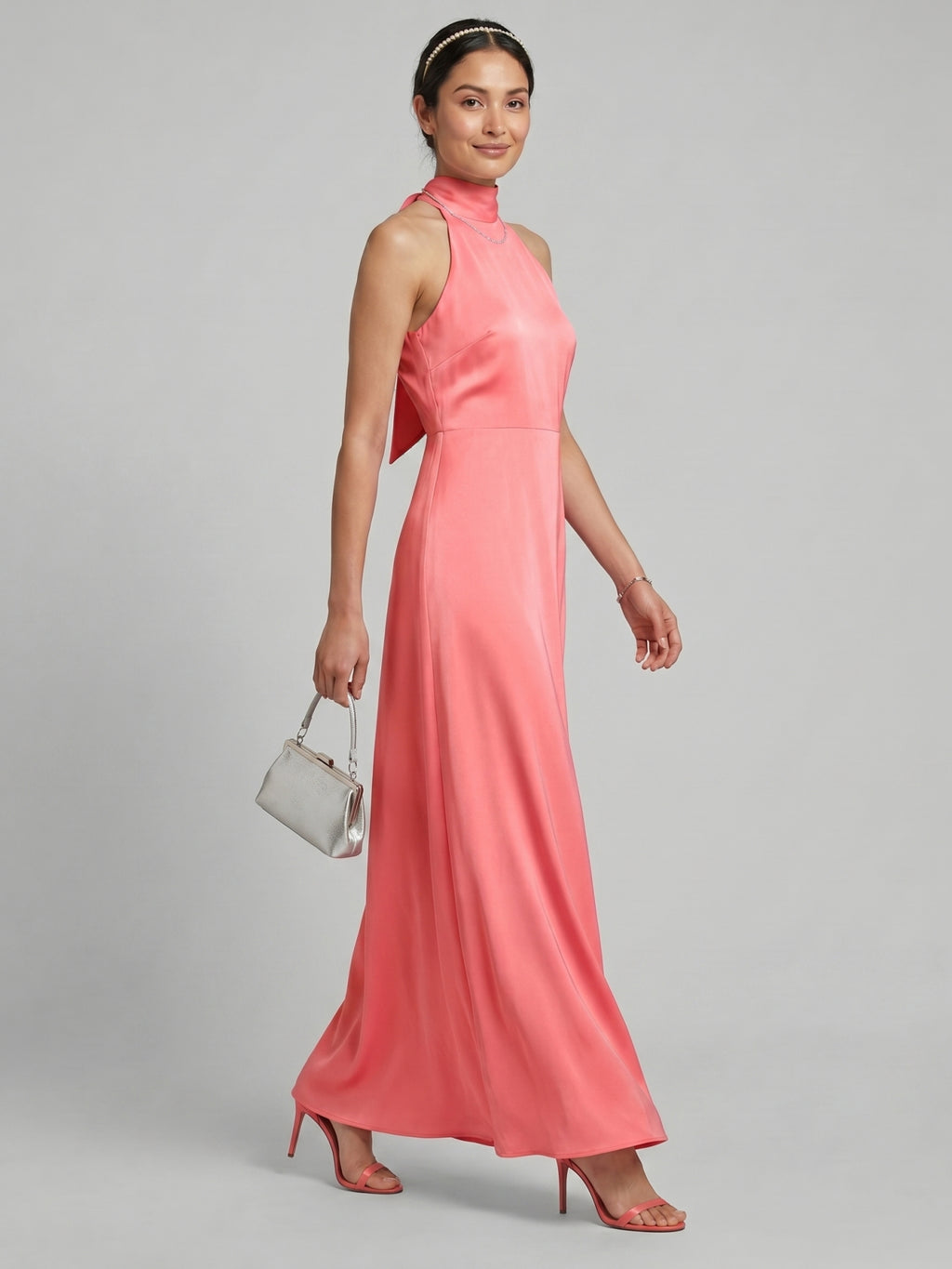 Coquette Coral Satin A-Line Halter neckline Bow Ankle-Length Bridesmaid Dress