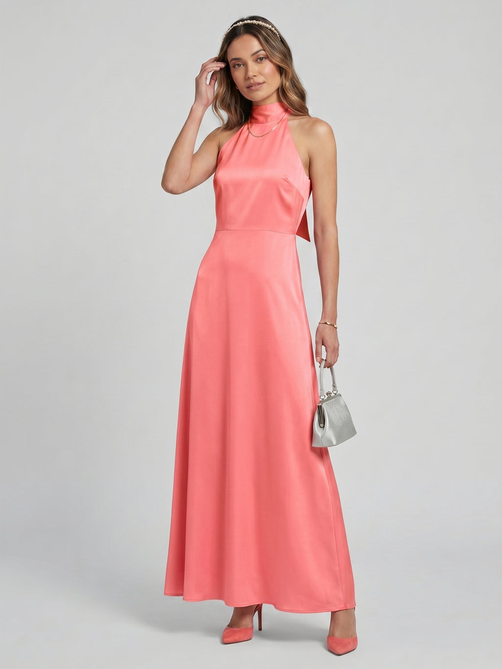 Coquette Coral Satin A-Line Halter neckline Bow Ankle-Length Bridesmaid Dress