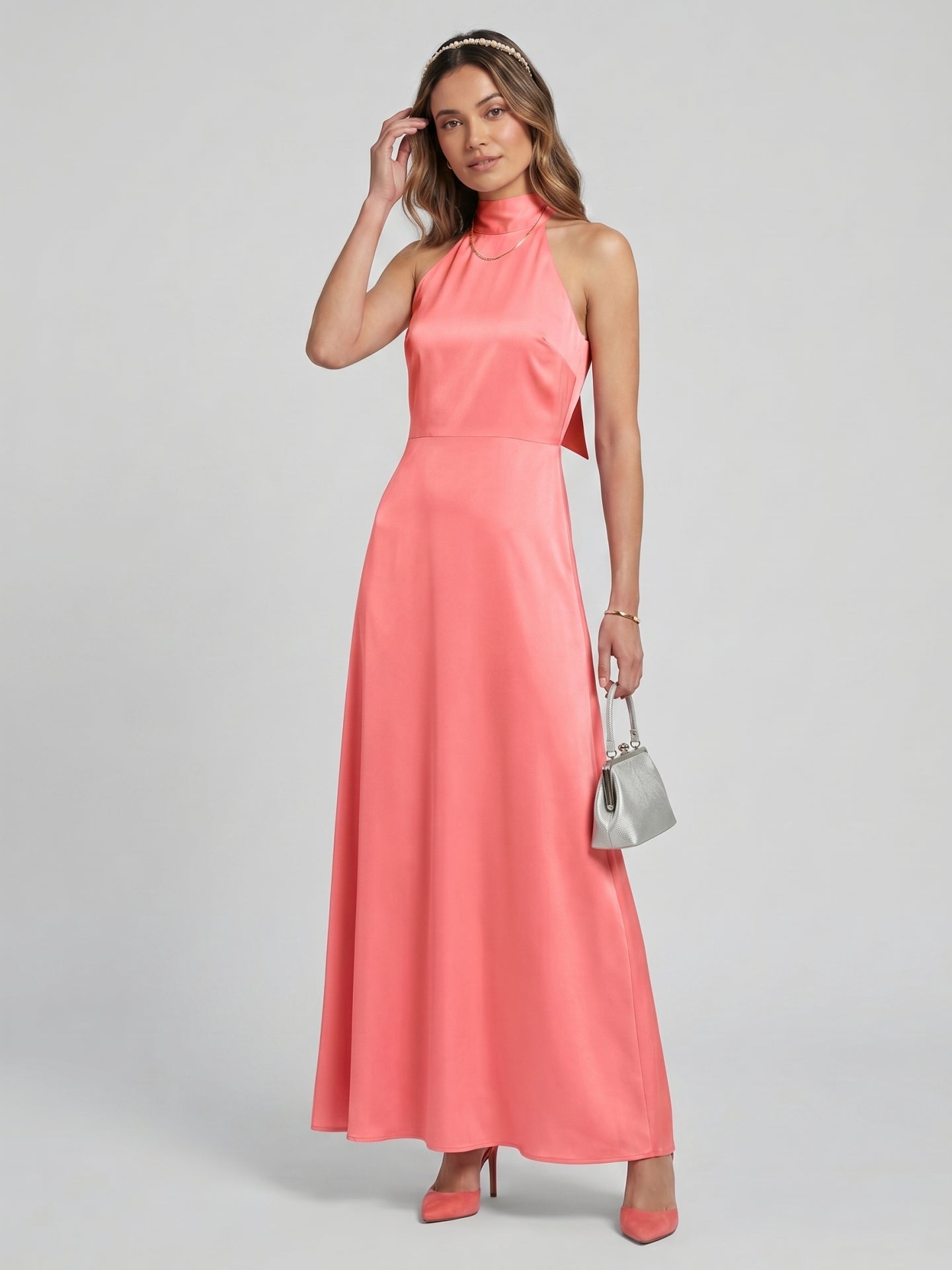 Coquette Coral Satin A-Line Halter neckline Bow Ankle-Length Bridesmaid Dress