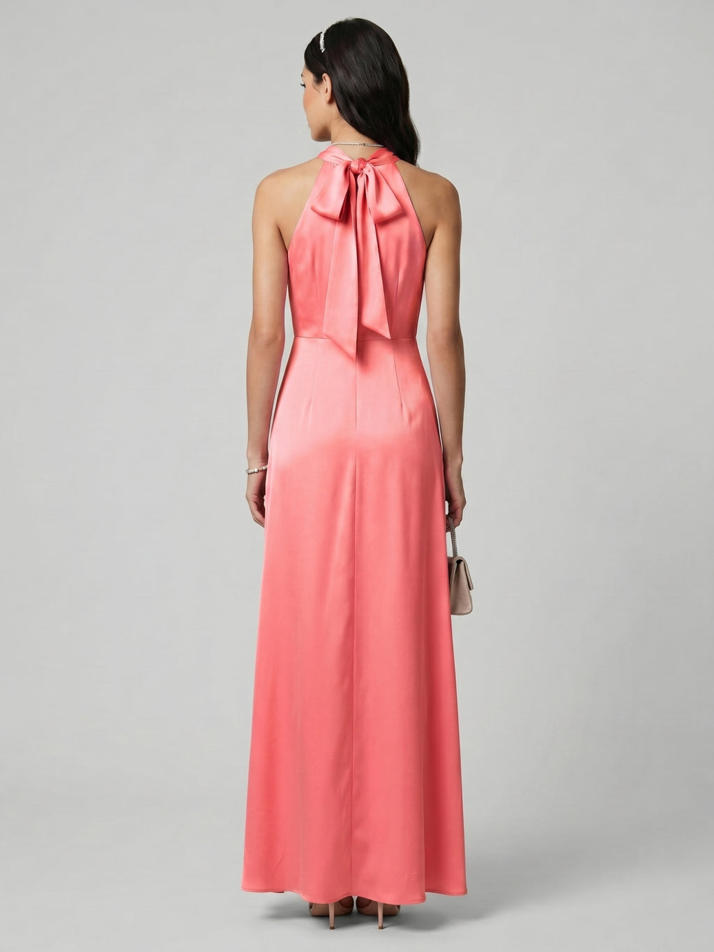 Coquette Coral Satin A-Line Halter neckline Bow Ankle-Length Bridesmaid Dress