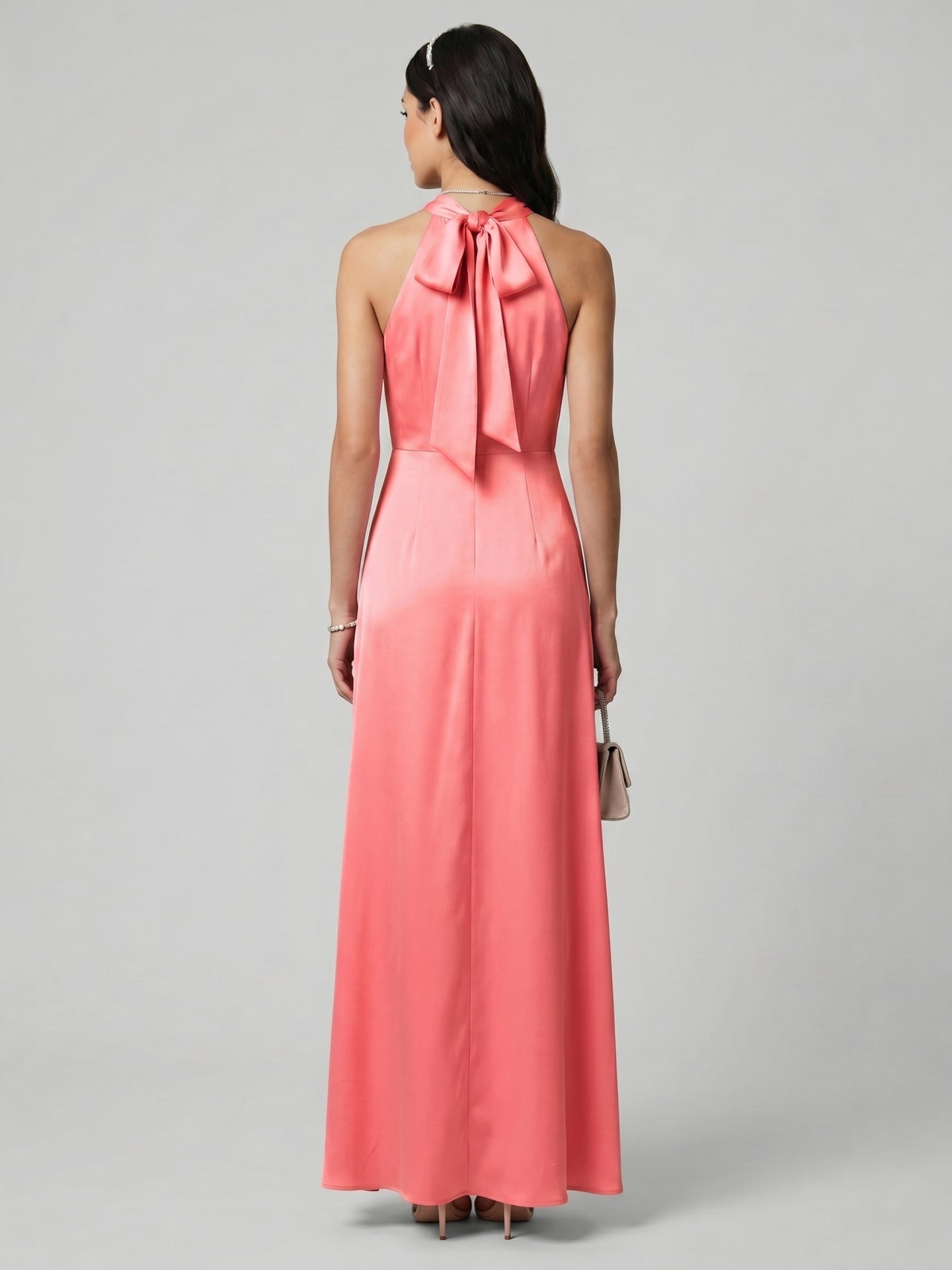 Coquette Coral Satin A-Line Halter neckline Bow Ankle-Length Bridesmaid Dress