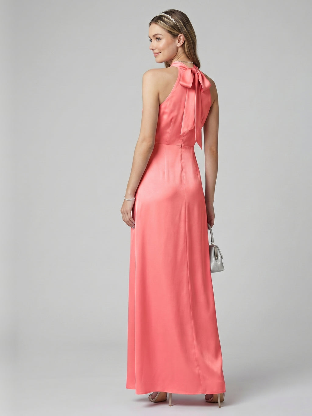 Coquette Coral Satin A-Line Halter neckline Bow Ankle-Length Bridesmaid Dress