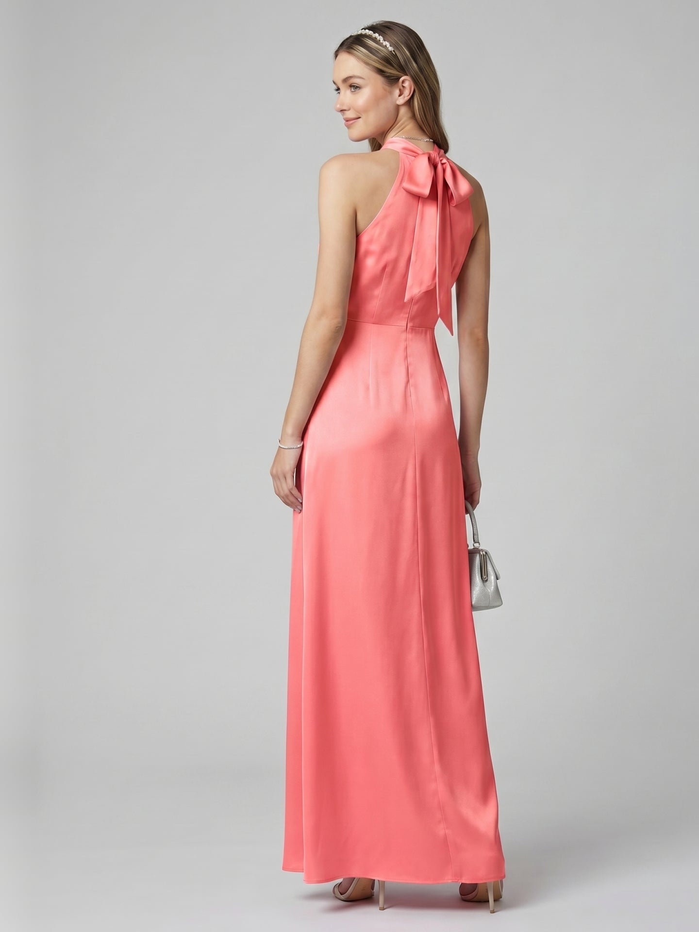 Coquette Coral Satin A-Line Halter neckline Bow Ankle-Length Bridesmaid Dress