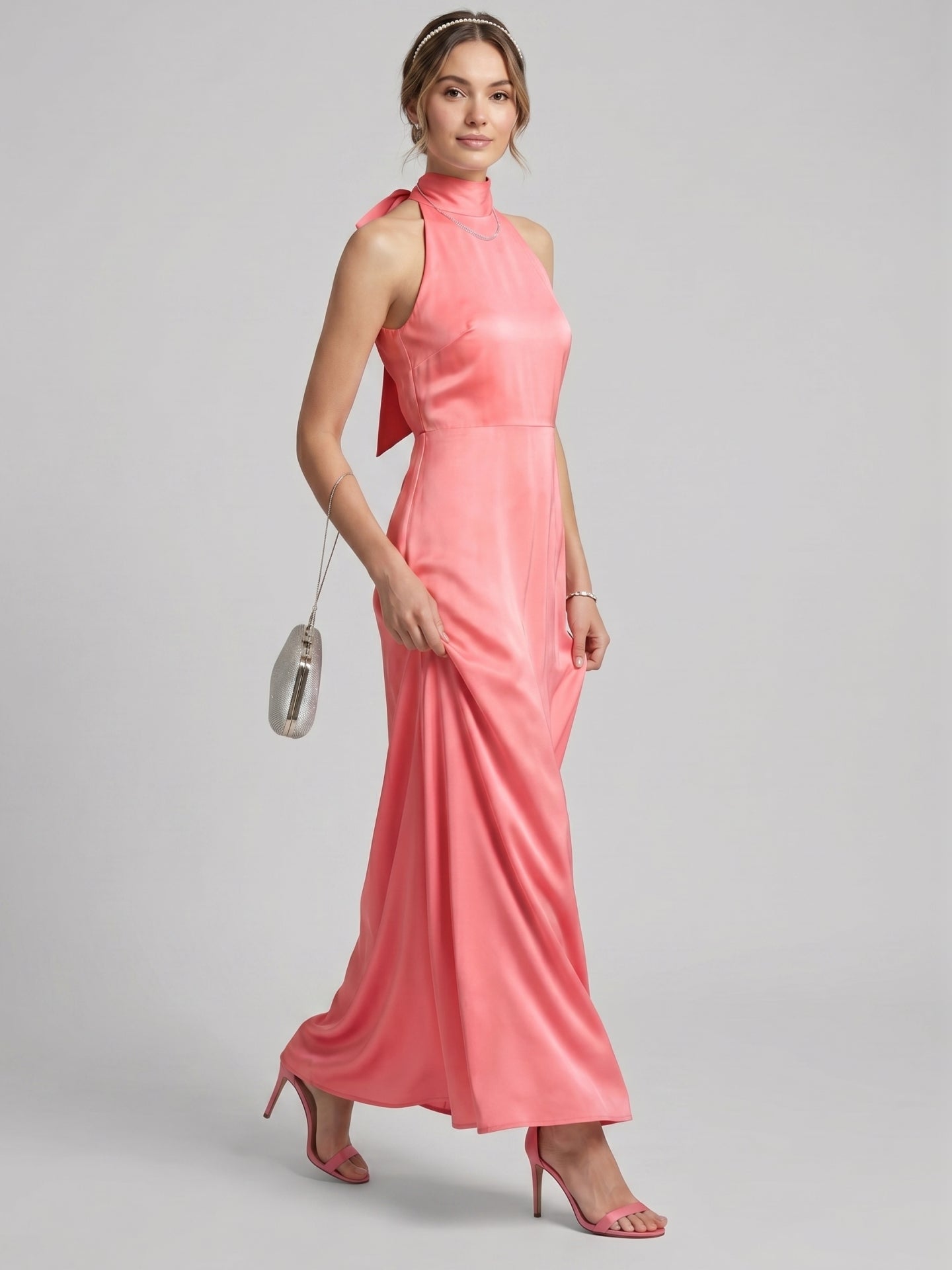 Coquette Coral Satin A-Line Halter neckline Bow Ankle-Length Bridesmaid Dress