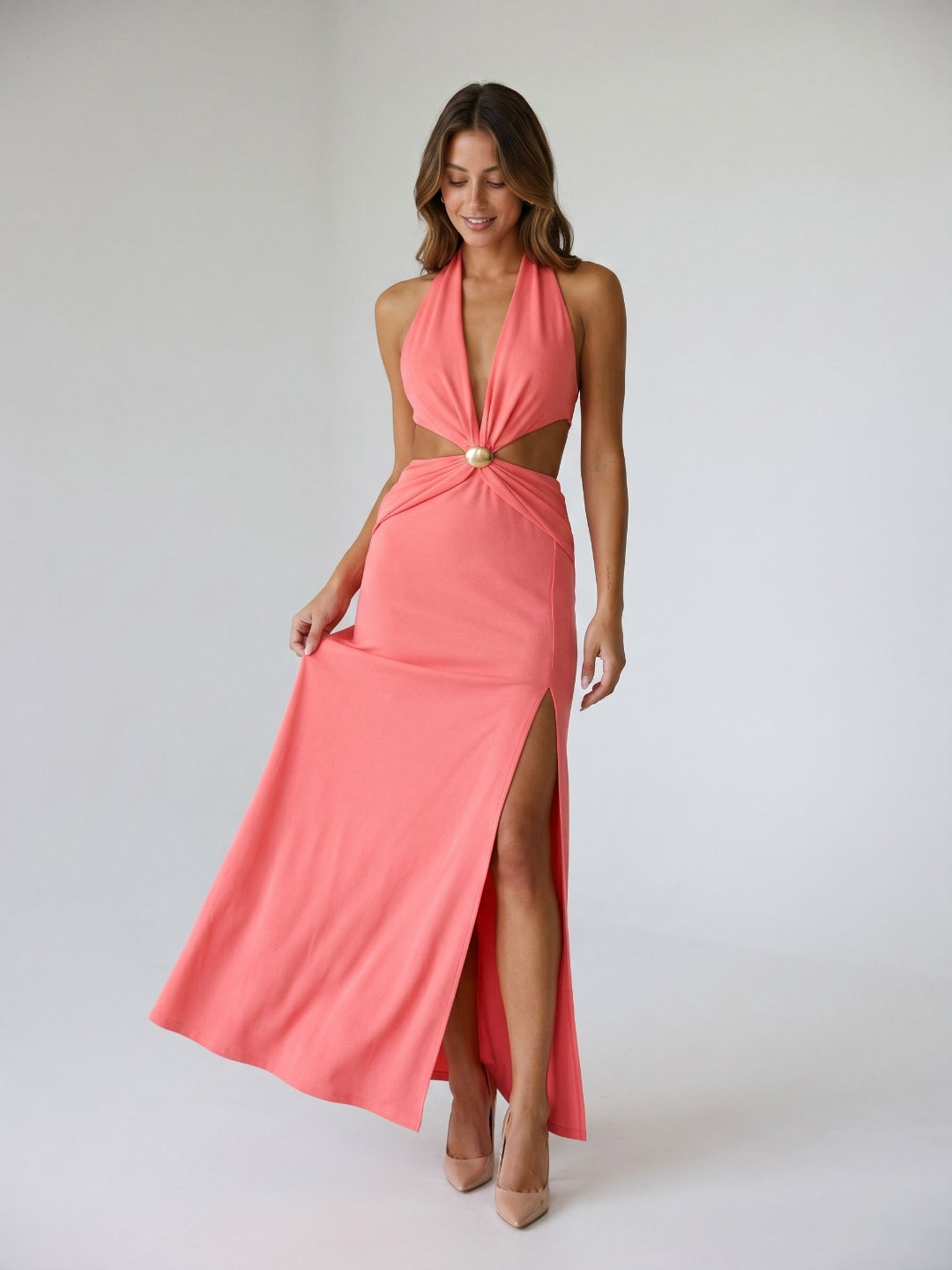 Coral Matte Satin Trumpet Halter Lace-Up Back Floor-Length Evening Dress