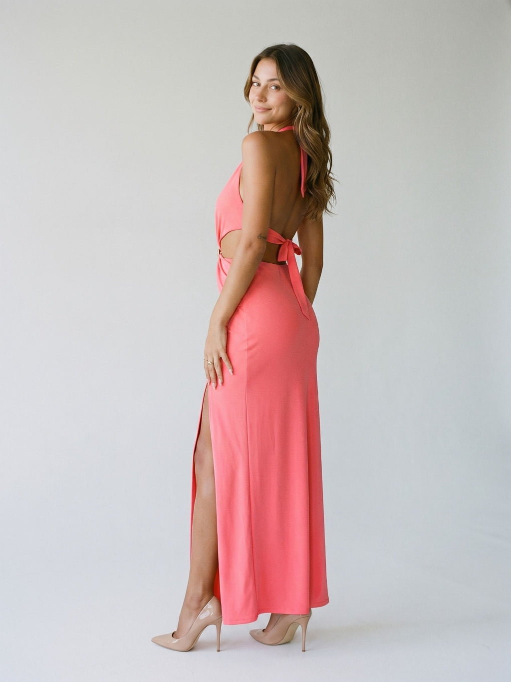 Coral Matte Satin Trumpet Halter Lace-Up Back Floor-Length Evening Dress