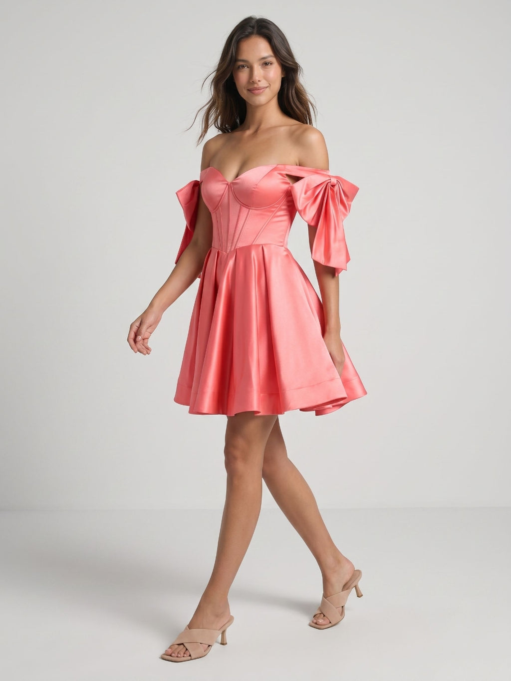 Coral Satin A-Line Off-the-Shoulder Short Homecoming Dress with Bow