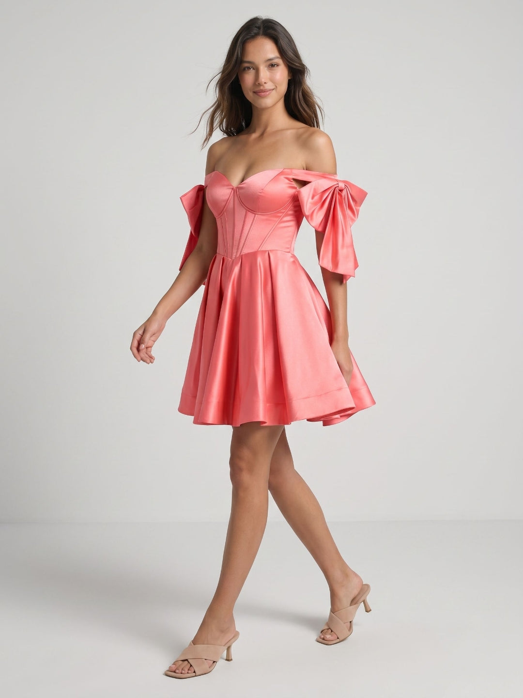 Coral Satin A-Line Off-the-Shoulder Short Homecoming Dress with Bow