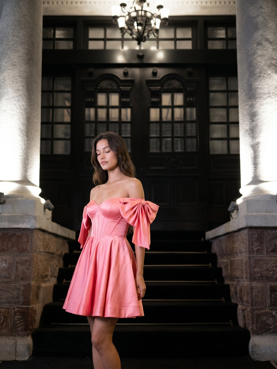 Coral Satin A-Line Off-the-Shoulder Short Homecoming Dress with Bow