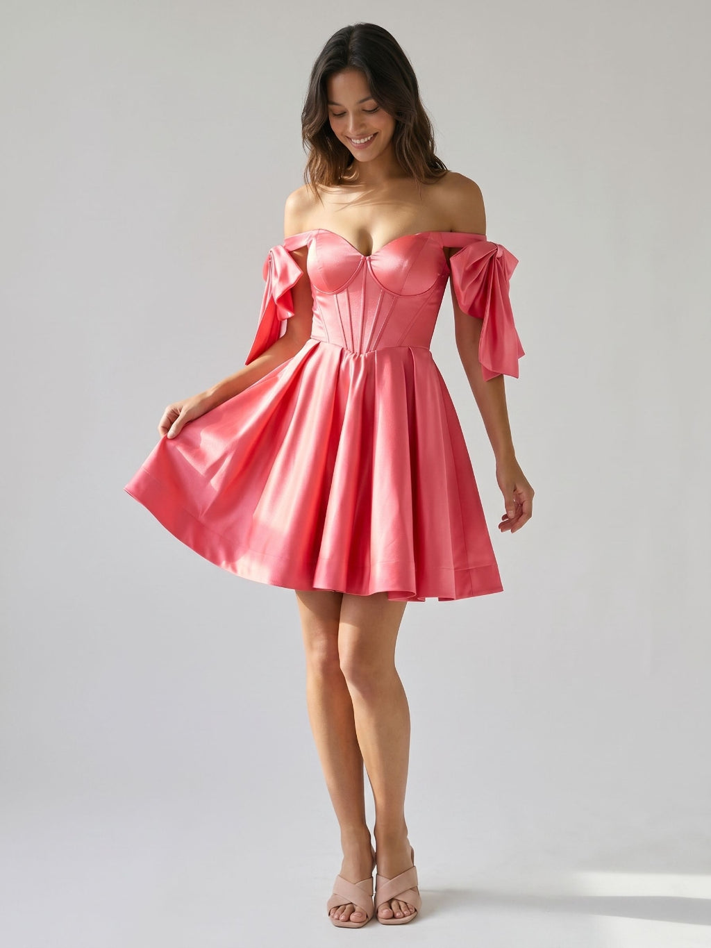 Coral Satin A-Line Off-the-Shoulder Short Homecoming Dress with Bow
