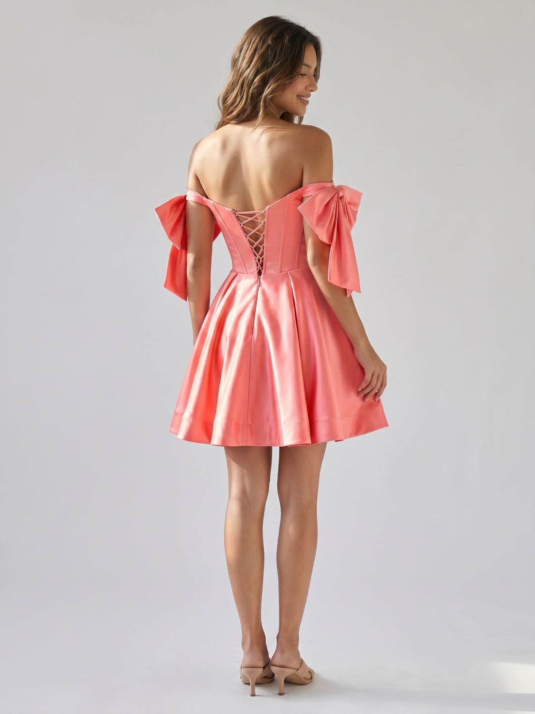 Coral Satin A-Line Off-the-Shoulder Short Homecoming Dress with Bow