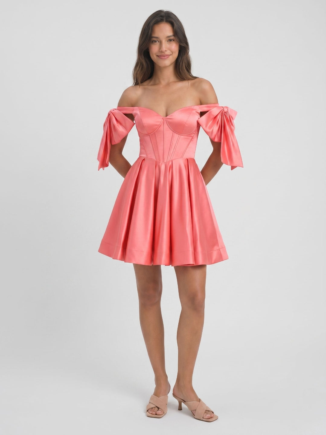 Coral Satin A-Line Off-the-Shoulder Short Homecoming Dress with Bow