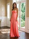 Coral Satin A-Line Straight Neck Backless Floor-Length Prom Dress
