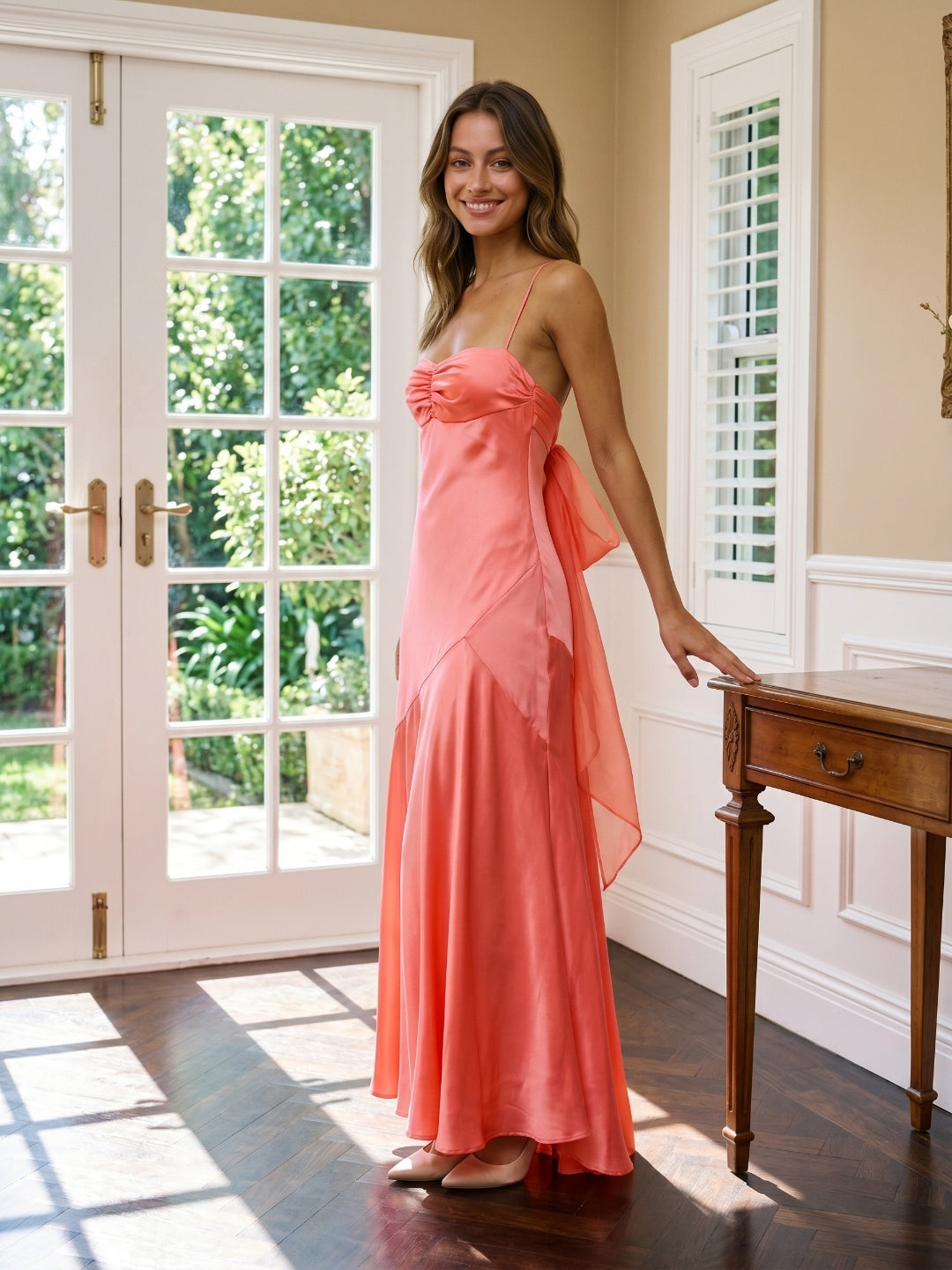 Coral Satin A-Line Straight Neck Backless Floor-Length Prom Dress