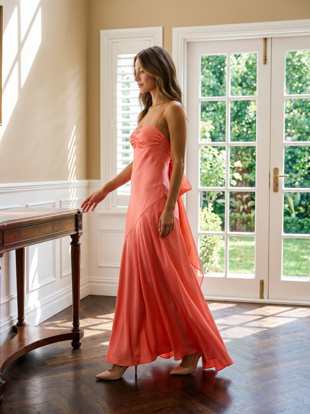 Coral Satin A-Line Straight Neck Backless Floor-Length Prom Dress