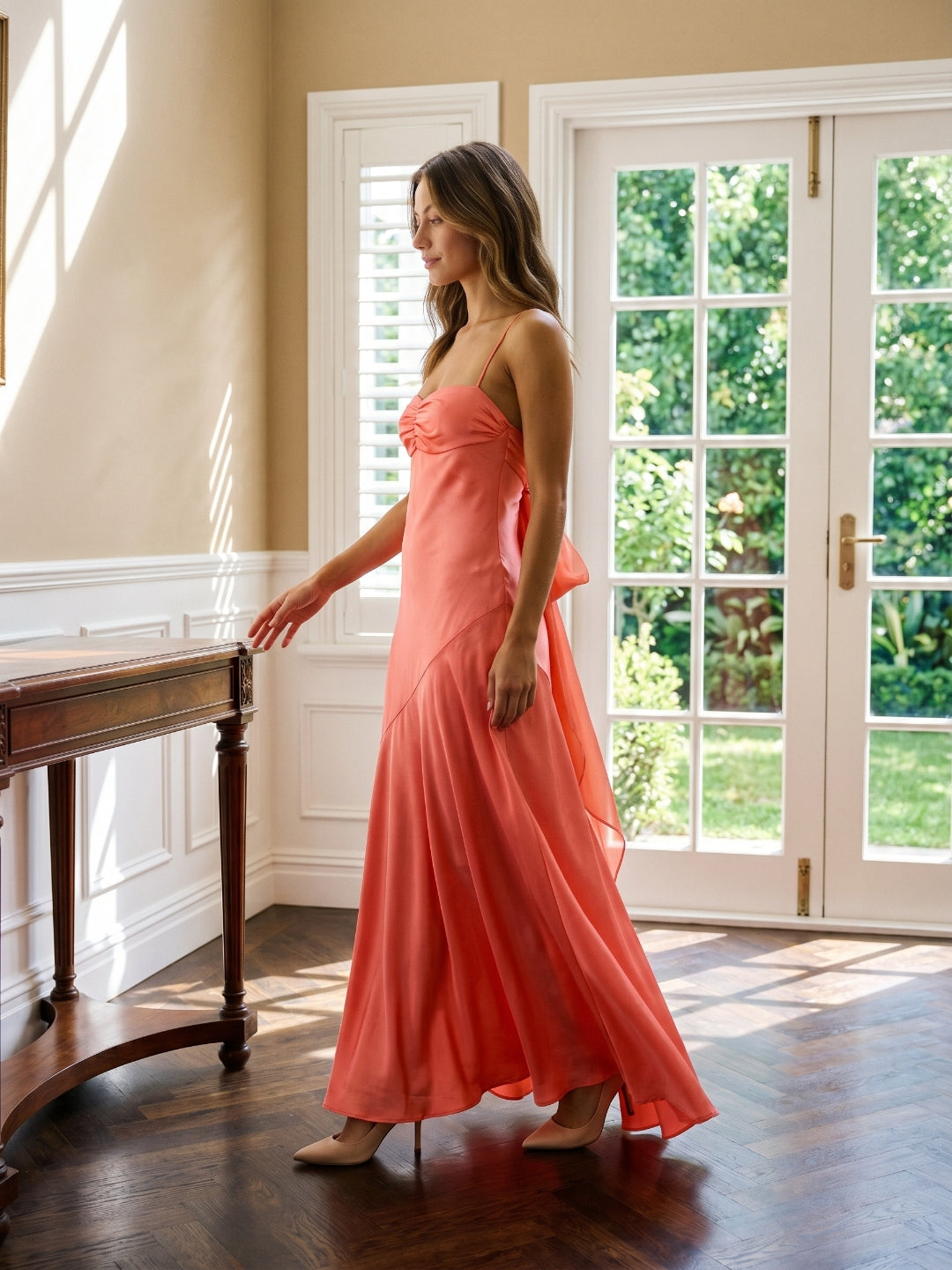 Coral Satin A-Line Straight Neck Backless Floor-Length Prom Dress