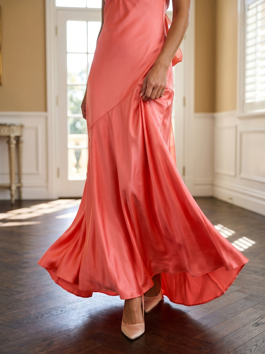 Coral Satin A-Line Straight Neck Backless Floor-Length Prom Dress