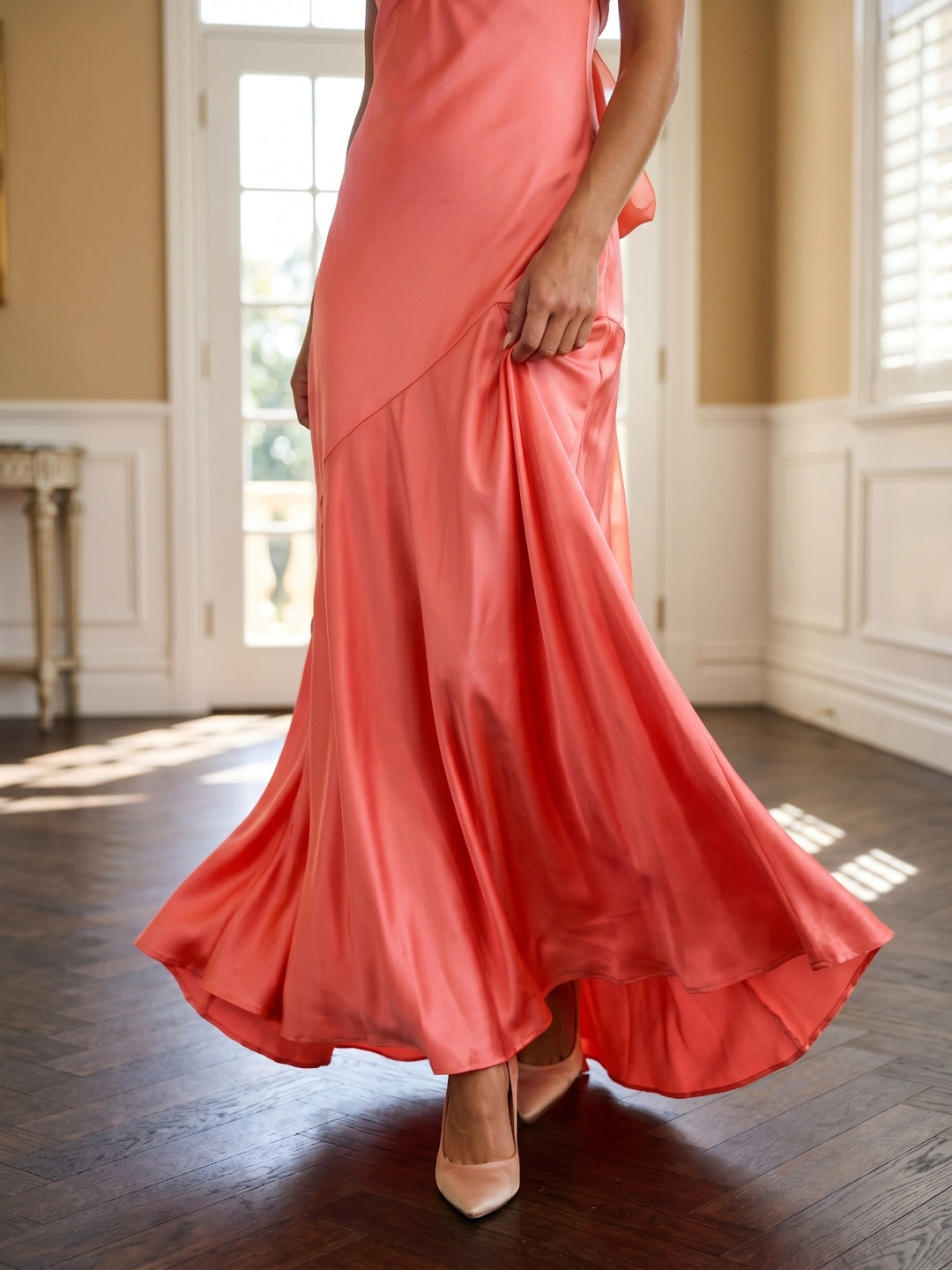 Coral Satin A-Line Straight Neck Backless Floor-Length Prom Dress
