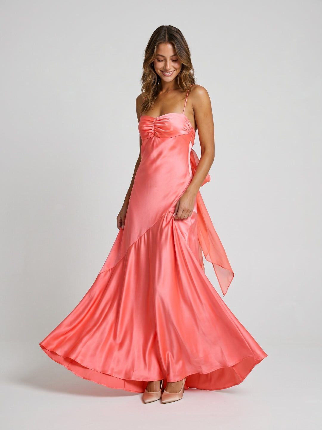 Coral Satin A-Line Straight Neck Backless Floor-Length Prom Dress