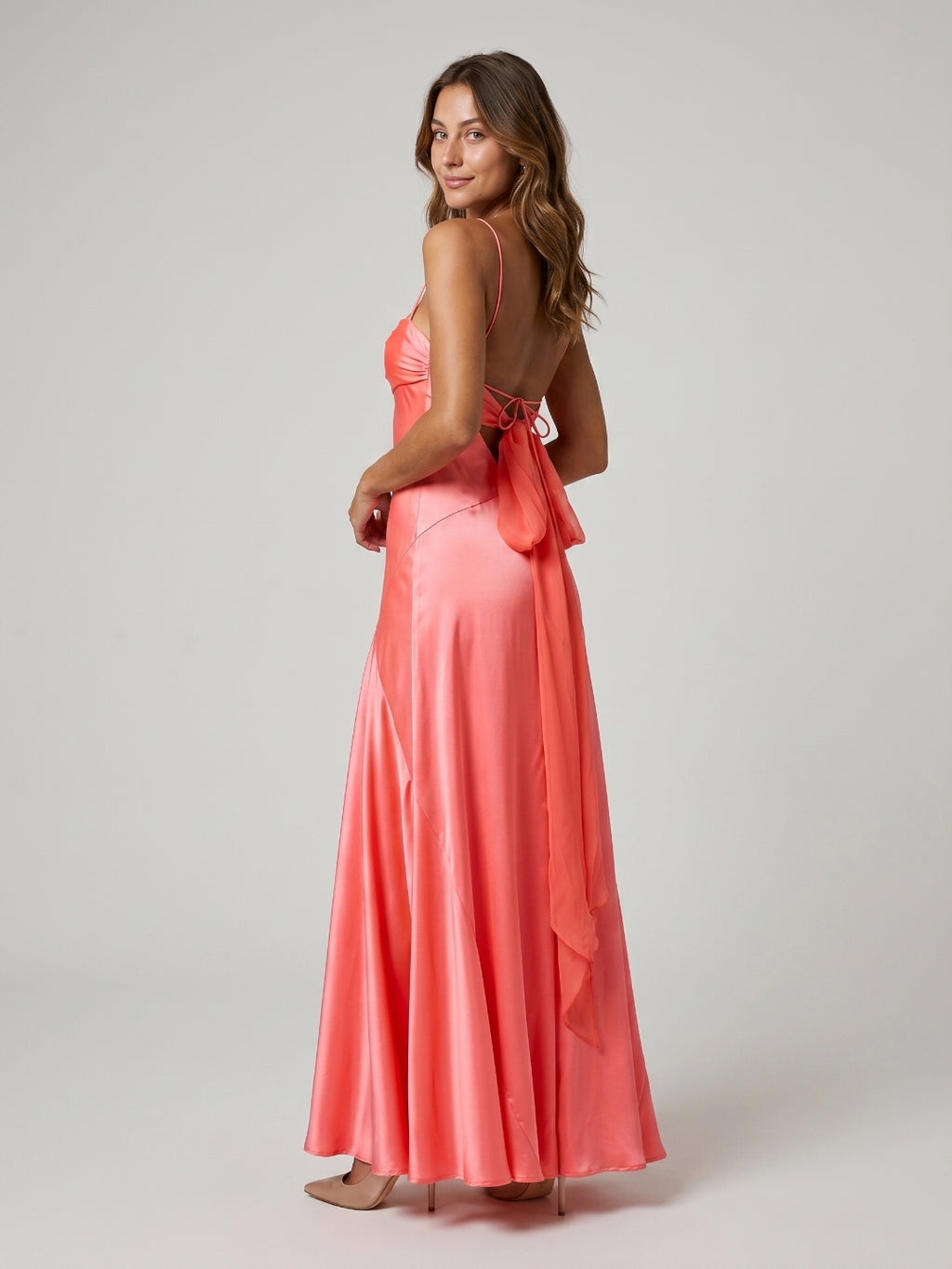 Coral Satin A-Line Straight Neck Backless Floor-Length Prom Dress