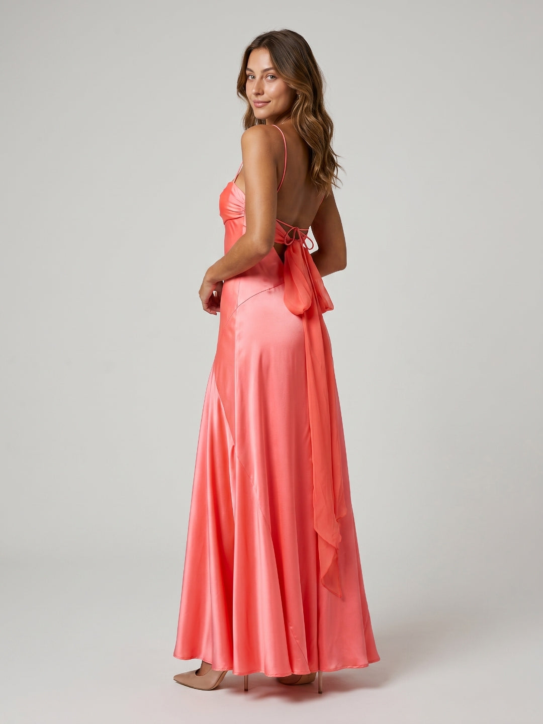 Coral Satin A-Line Straight Neck Backless Floor-Length Prom Dress