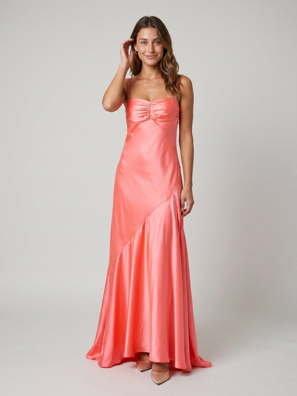 Coral Satin A-Line Straight Neck Backless Floor-Length Prom Dress