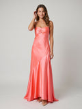Coral Satin A-Line Straight Neck Backless Floor-Length Prom Dress