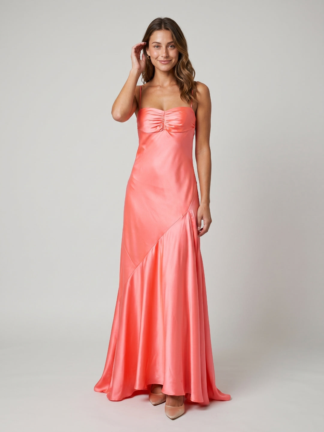 Coral Satin A-Line Straight Neck Backless Floor-Length Prom Dress