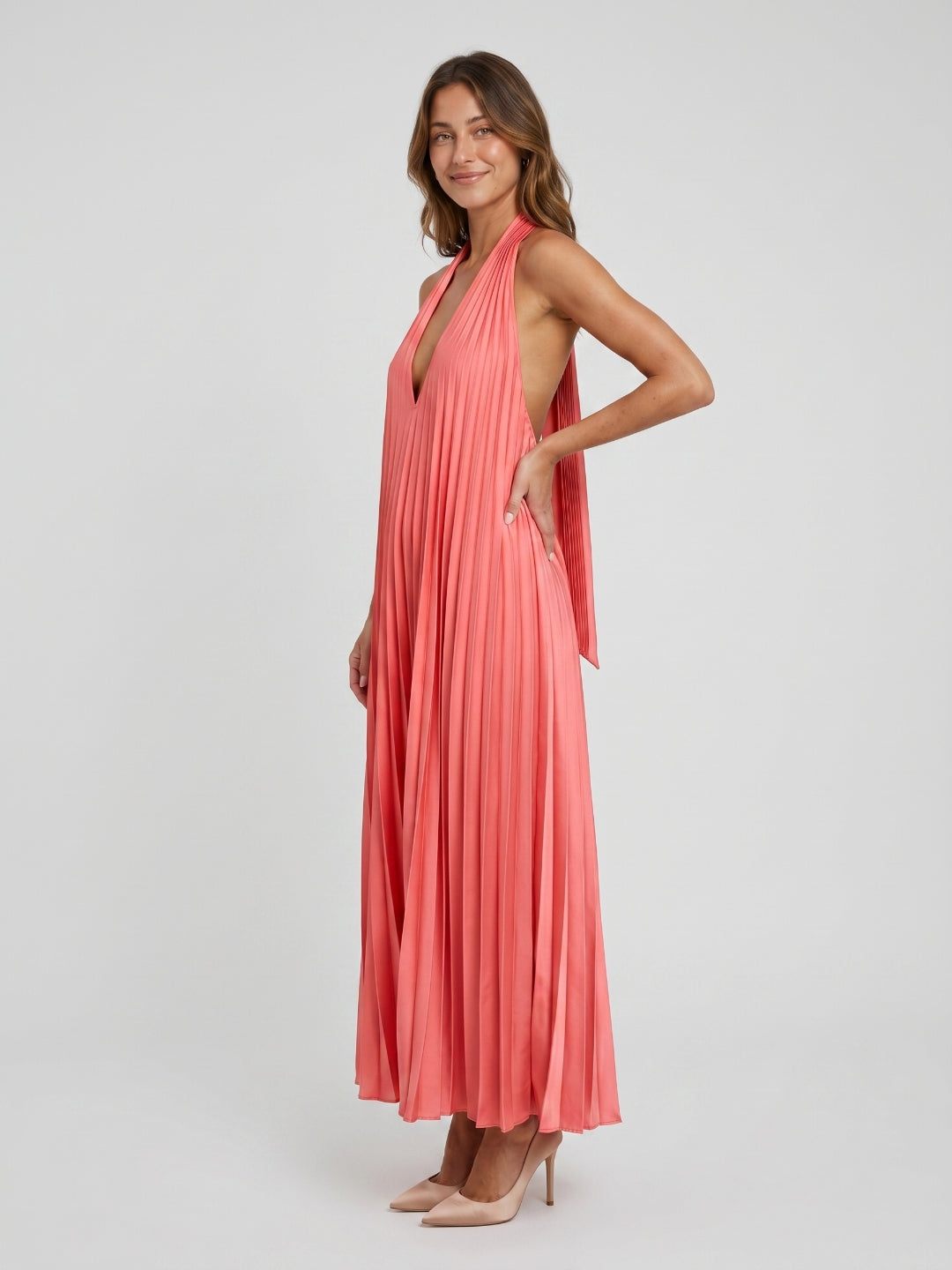 Coral Satin Column V-Neck Backless Ankle-Length Prom Dress