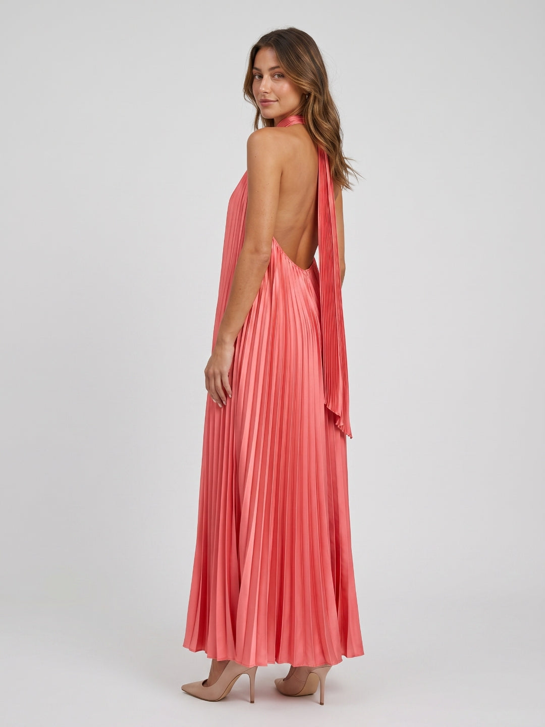 Coral Satin Column V-Neck Backless Ankle-Length Prom Dress