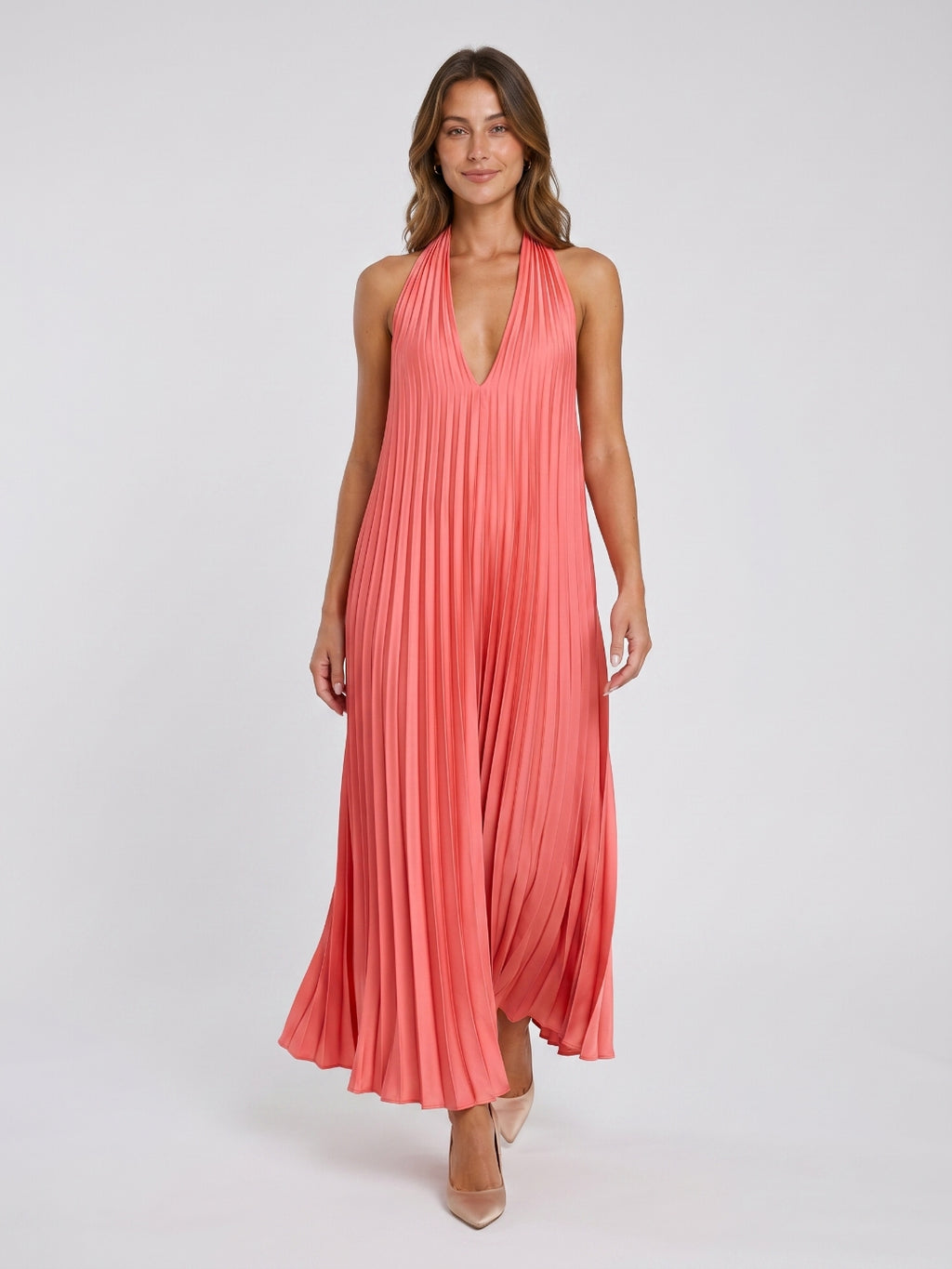 Coral Satin Column V-Neck Backless Ankle-Length Prom Dress