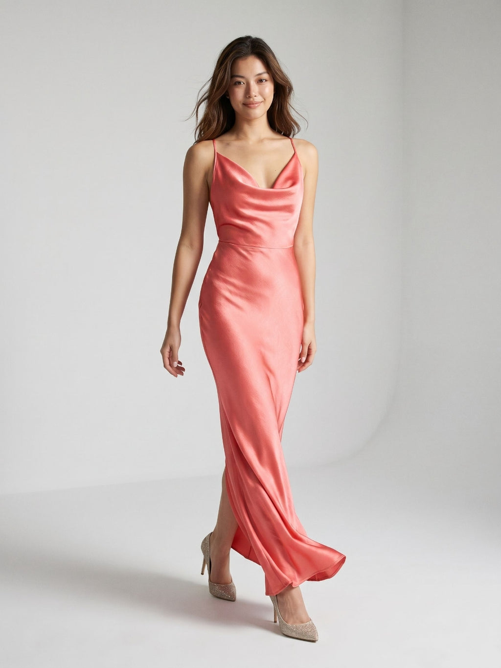 Coral Satin Sheath Cowl Neck Backless Floor-Length Evening Dress