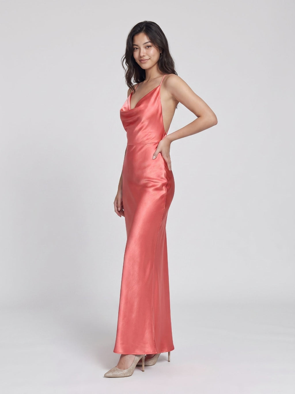 Coral Satin Sheath Cowl Neck Backless Floor-Length Evening Dress