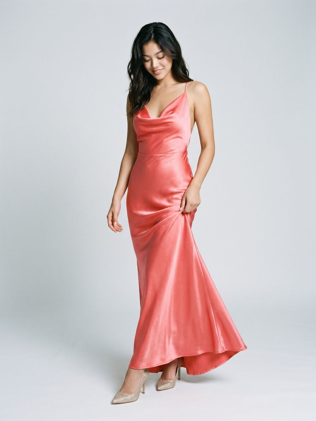 Coral Satin Sheath Cowl Neck Backless Floor-Length Evening Dress