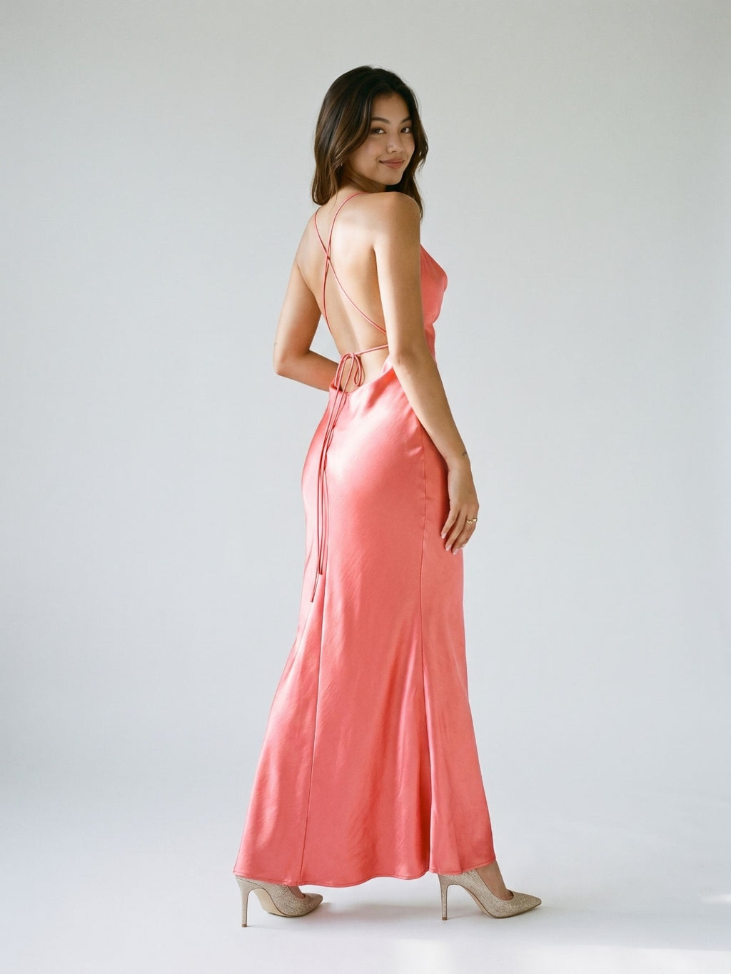 Coral Satin Sheath Cowl Neck Backless Floor-Length Evening Dress