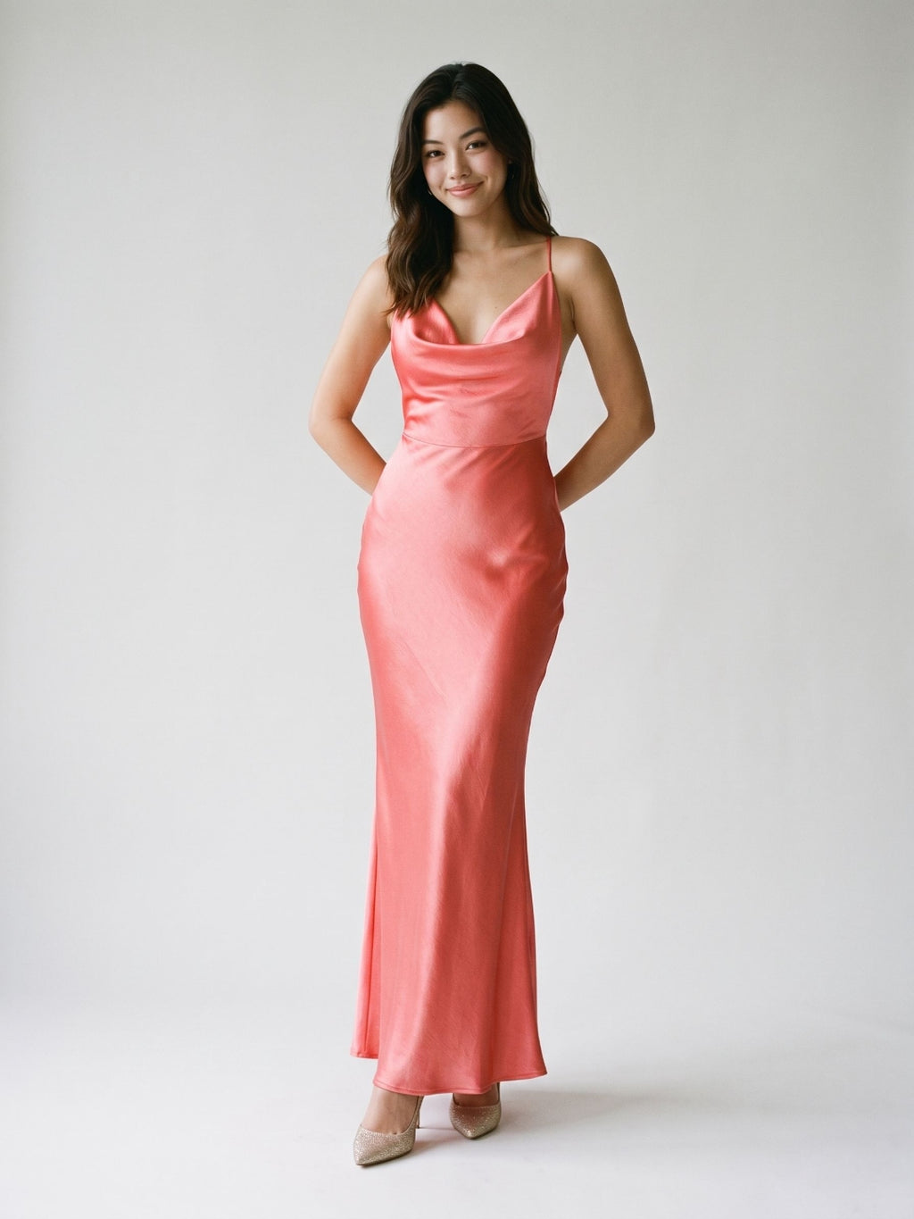 Coral Satin Sheath Cowl Neck Backless Floor-Length Evening Dress