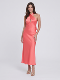 Coral Satin Sheath Halter Neckline Backless Ankle-Length Bridesmaid Dress with Bow