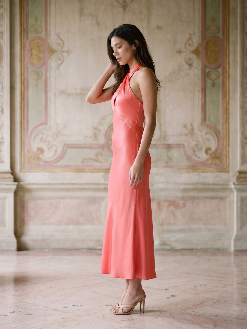 Coral Satin Sheath Halter Neckline Backless Ankle-Length Bridesmaid Dress with Bow