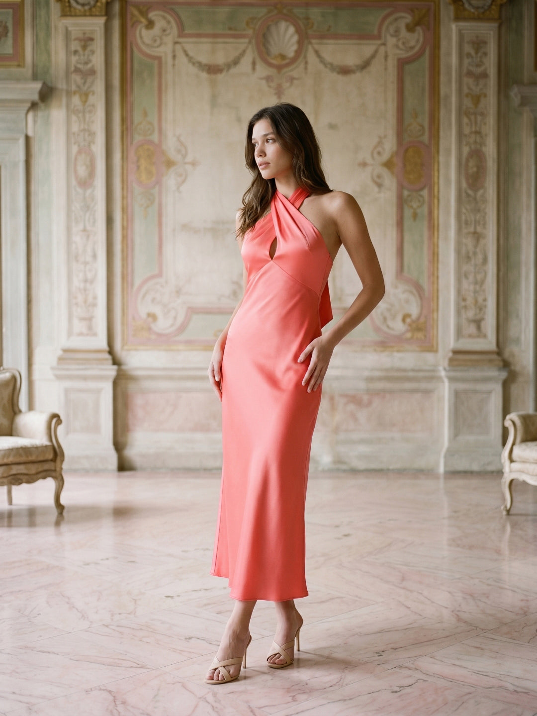 Coral Satin Sheath Halter Neckline Backless Ankle-Length Bridesmaid Dress with Bow