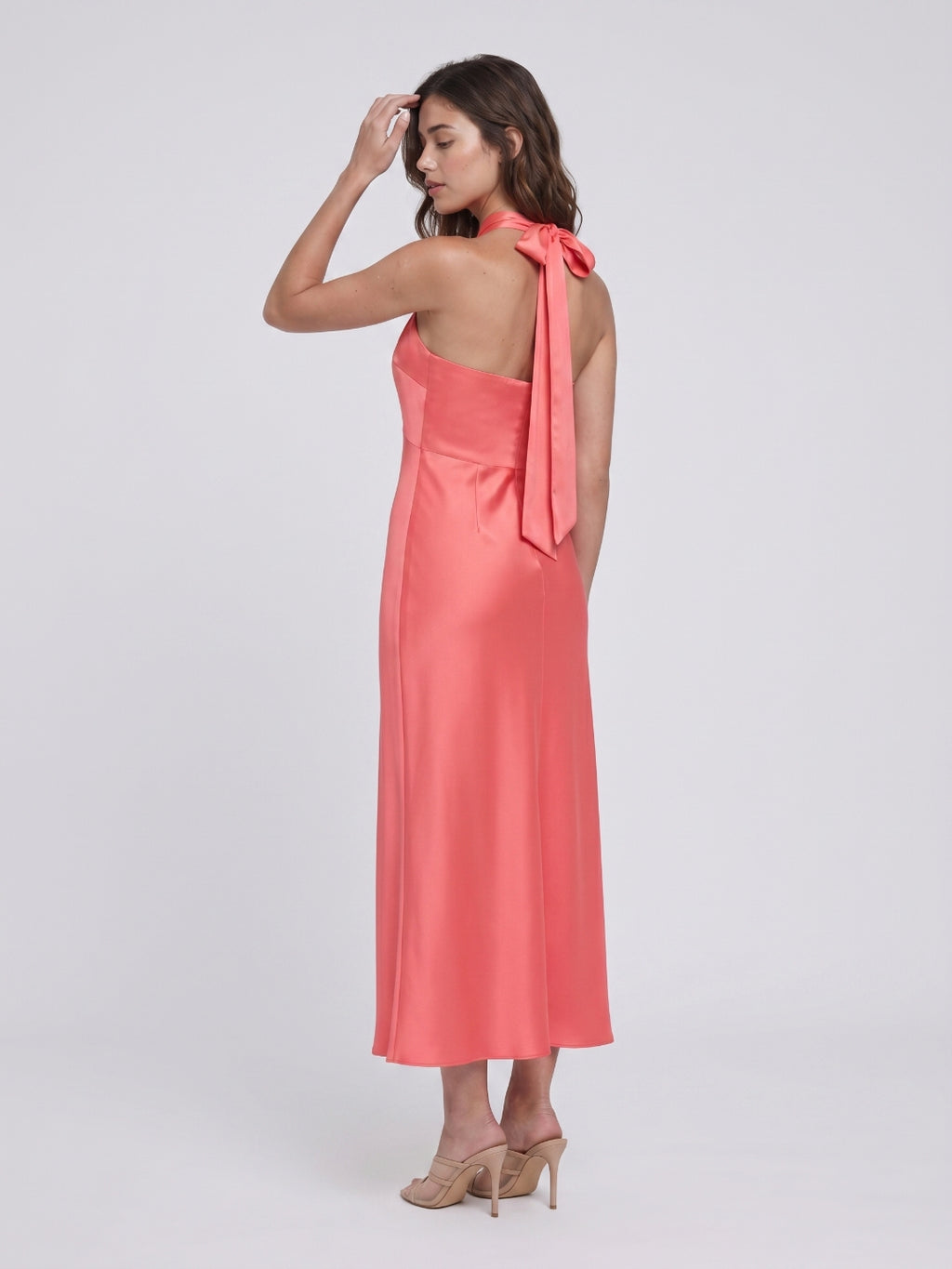 Coral Satin Sheath Halter Neckline Backless Ankle-Length Bridesmaid Dress with Bow